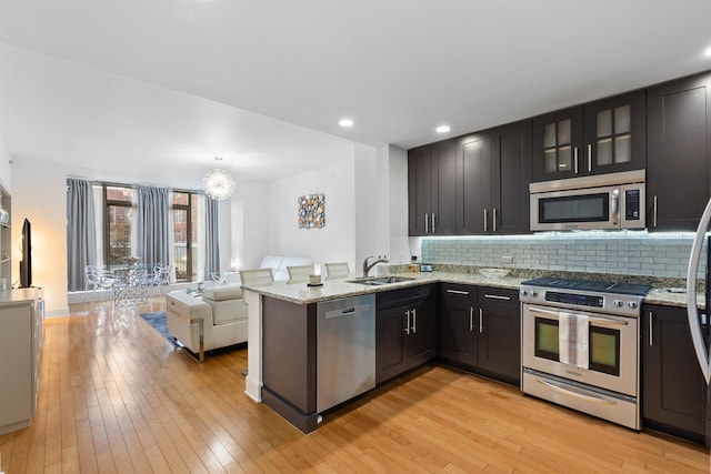 kitchen featuring light wood-type flooring, decorative backsplash, a sink, a peninsula, and appliances with stainless steel finishes