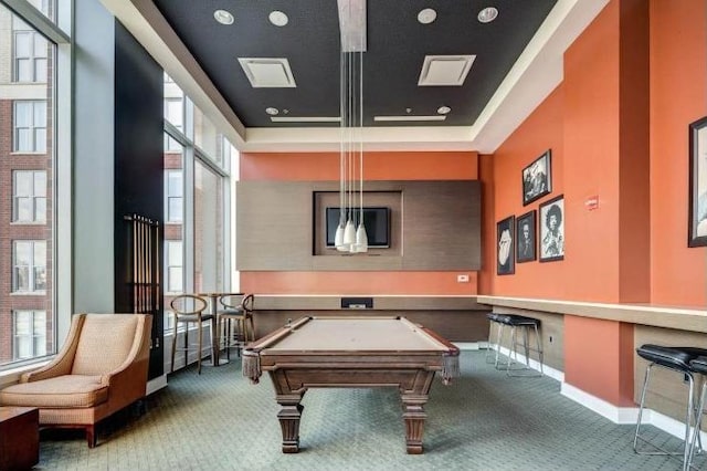 recreation room with baseboards, carpet floors, pool table, and a raised ceiling