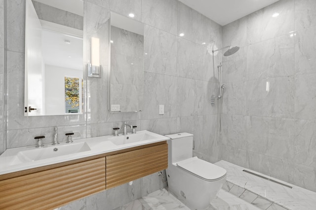 bathroom featuring a shower, toilet, tile walls, and sink