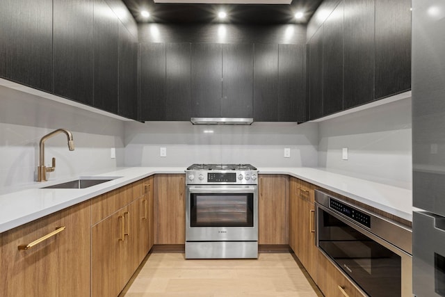 kitchen featuring exhaust hood, light wood-type flooring, high end stainless steel range, and sink