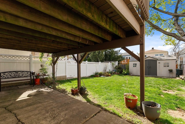 view of yard featuring a storage shed, a patio area, and an outdoor structure