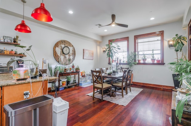 dining space with a ceiling fan, dark wood-style flooring, visible vents, baseboards, and recessed lighting