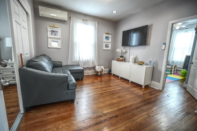 1404 81st St, North Bergen, NJ 07047 - living area featuring a wall mounted AC, hardwood / wood-style flooring, baseboards, recessed lighting, and ceiling fan