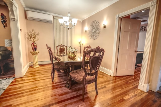 1404 81st St, North Bergen, NJ 07047 - dining space featuring a wall mounted AC, ornamental molding, a chandelier, light wood-style floors, and baseboards