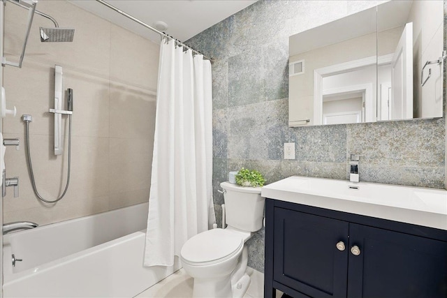 41 Graham St Unit 2, Jersey City, NJ 07307 - full bathroom with tile walls, toilet, shower / bath combination with curtain, vanity, and decorative backsplash
