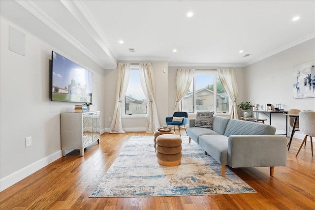 41 Graham St Unit 2, Jersey City, NJ 07307 - living room with baseboards, crown molding, wood finished floors, recessed lighting, and cooling unit