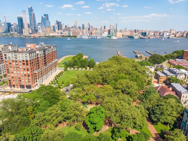 bird's eye view featuring a water view and a view of city
