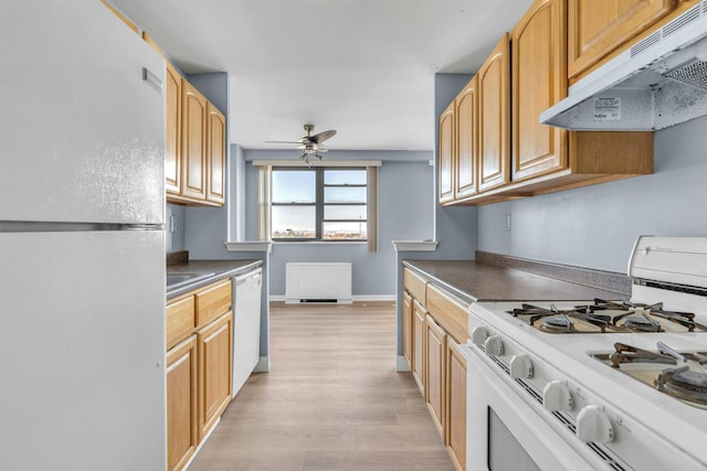 kitchen featuring light wood-type flooring, ceiling fan, and white appliances