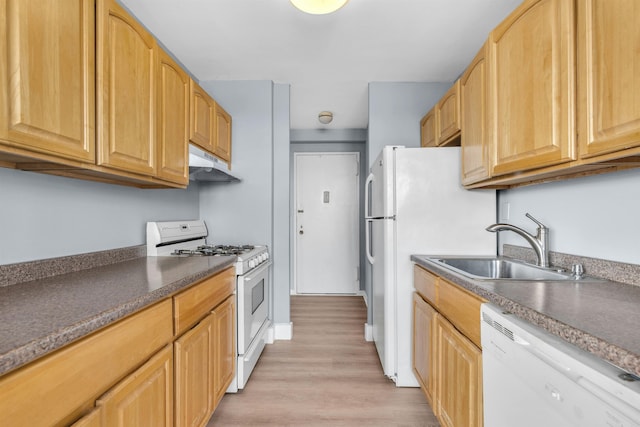 kitchen featuring sink, white appliances, light hardwood / wood-style floors, and light brown cabinets