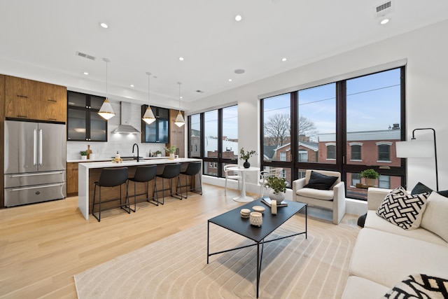 living room with light wood-type flooring and sink