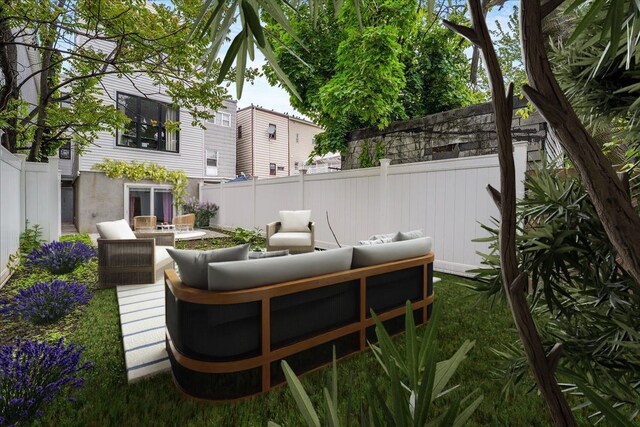 view of patio / terrace with an outdoor living space and a fenced backyard