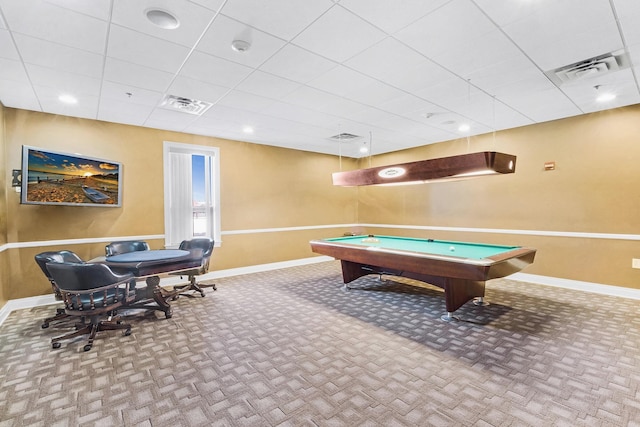 rec room with a drop ceiling, pool table, and carpet flooring