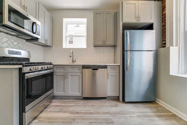 kitchen with a sink, appliances with stainless steel finishes, light wood-style floors, gray cabinetry, and decorative backsplash