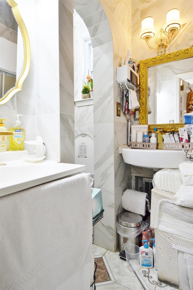 34 Concord St, Jersey City, NJ 07306 - bathroom with marble finish floor and tile walls
