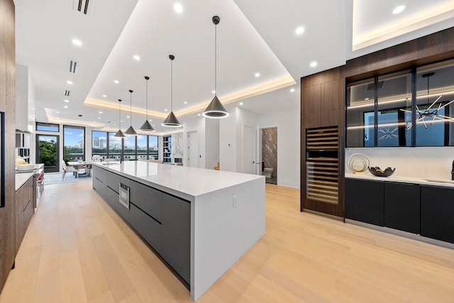 kitchen with light hardwood / wood-style floors, a large island with sink, sink, decorative light fixtures, and a tray ceiling