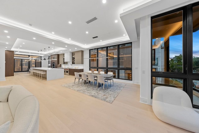 dining room featuring a tray ceiling and light hardwood / wood-style floors