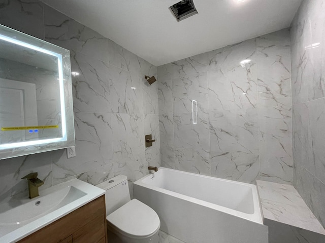 bathroom with marble finish floor, shower / bathtub combination, toilet, vanity, and stone wall