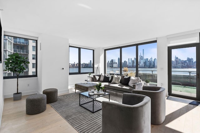 living area featuring a view of city, baseboards, and wood finished floors