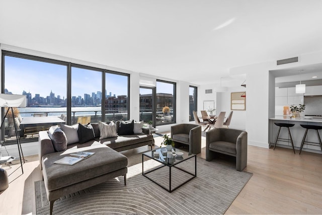 living area with a view of city, light wood finished floors, visible vents, a wall of windows, and baseboards