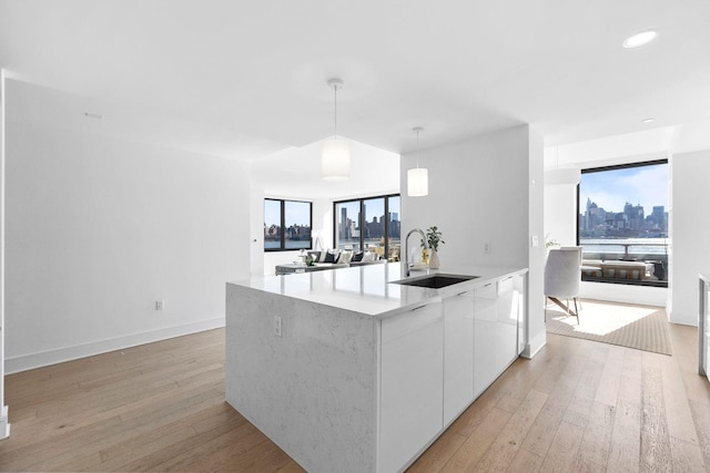 kitchen with light wood-style floors, plenty of natural light, a sink, and modern cabinets