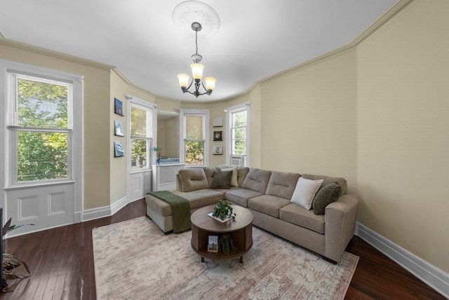 57 Booraem Ave, Jersey City, NJ 07307 - living room featuring wood finished floors, a chandelier, and crown molding