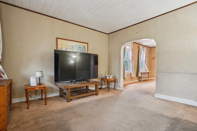 442 Avenue E Ave E, Bayonne, NJ 07002 - carpeted living area with arched walkways, ornamental molding, and baseboards