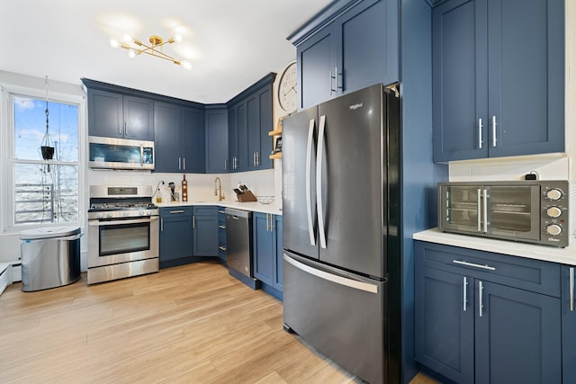 kitchen with a toaster, light wood finished floors, blue cabinetry, light countertops, and appliances with stainless steel finishes