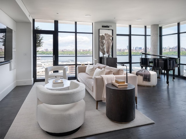 living room featuring dark hardwood / wood-style floors, a water view, and a wall of windows