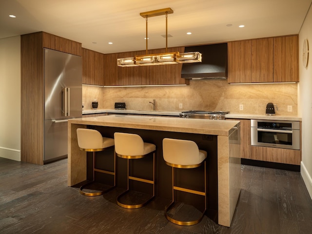 kitchen featuring a center island, dark hardwood / wood-style flooring, premium range hood, decorative light fixtures, and appliances with stainless steel finishes