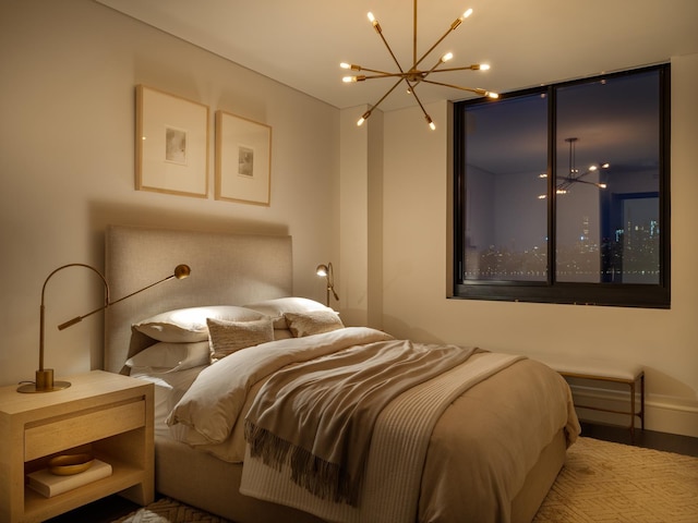 bedroom featuring a chandelier