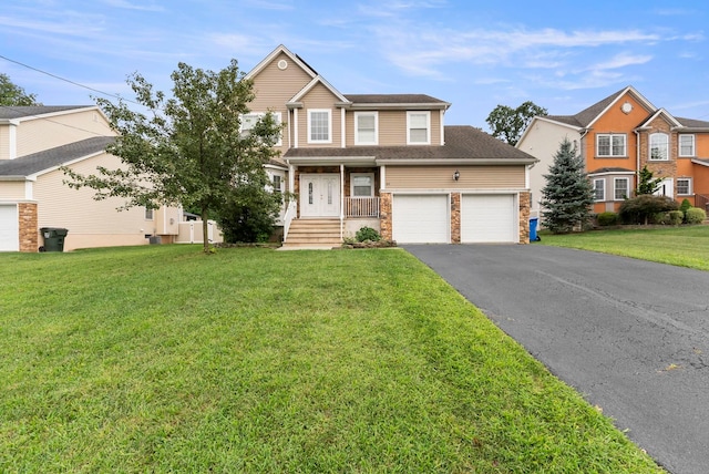 view of front of house with a porch, a garage, and a front lawn