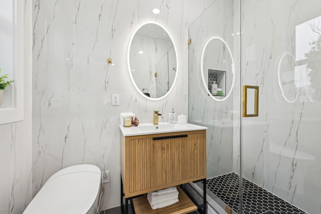 27 E 16th St, Bayonne, NJ 07002 - full bathroom featuring tile walls, a marble finish shower, vanity, and toilet