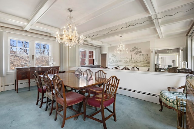 6 Kingswood Rd, Weehawken, NJ 07086 - dining area with a chandelier, coffered ceiling, carpet, beamed ceiling, and a wainscoted wall