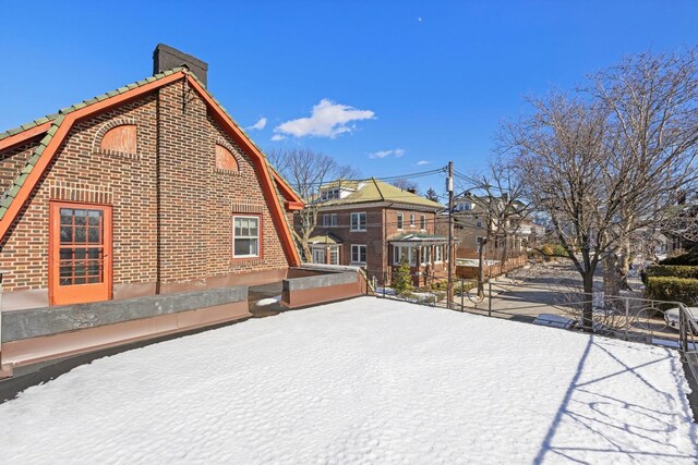 6 Kingswood Rd, Weehawken, NJ 07086 - view of home's exterior featuring a chimney, a patio area, a tile roof, a residential view, and brick siding