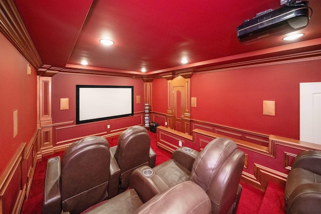 2 Euclid Rd, Fort Lee, NJ 07024 - carpeted home theater featuring ornamental molding, a decorative wall, ornate columns, and a wainscoted wall