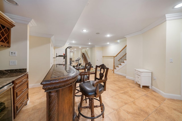 2 Euclid Rd, Fort Lee, NJ 07024 - bar area featuring crown molding, stairs, beverage cooler, and recessed lighting