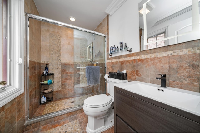 2 Euclid Rd, Fort Lee, NJ 07024 - bathroom with vanity, tile walls, a shower stall, and ornamental molding