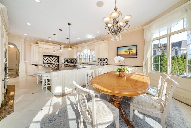 2 Euclid Rd, Fort Lee, NJ 07024 - dining space with a decorative wall, ornamental molding, a chandelier, light tile patterned floors, and recessed lighting