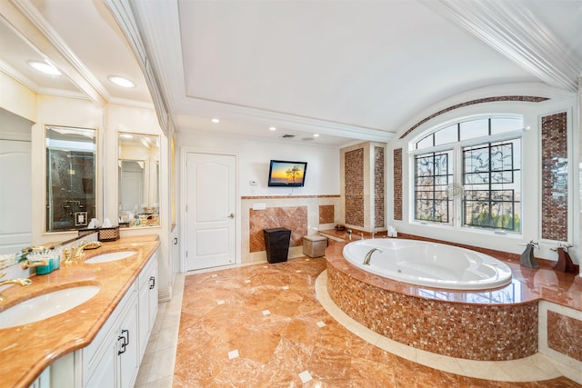 2 Euclid Rd, Fort Lee, NJ 07024 - bathroom featuring a premium fireplace, a whirlpool tub, double vanity, crown molding, and lofted ceiling