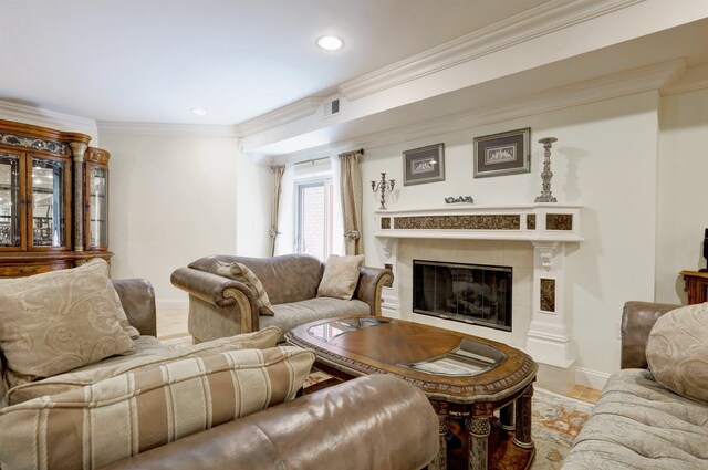 2 Euclid Rd, Fort Lee, NJ 07024 - living room with a fireplace, recessed lighting, and crown molding