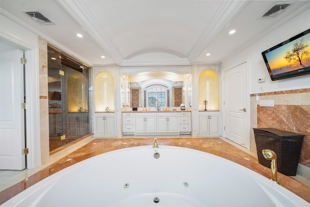 2 Euclid Rd, Fort Lee, NJ 07024 - bathroom featuring ornamental molding, vanity, a whirlpool tub, tile walls, and lofted ceiling