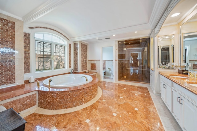 2 Euclid Rd, Fort Lee, NJ 07024 - full bath with vanity, ornamental molding, a garden tub, lofted ceiling, and a stall shower