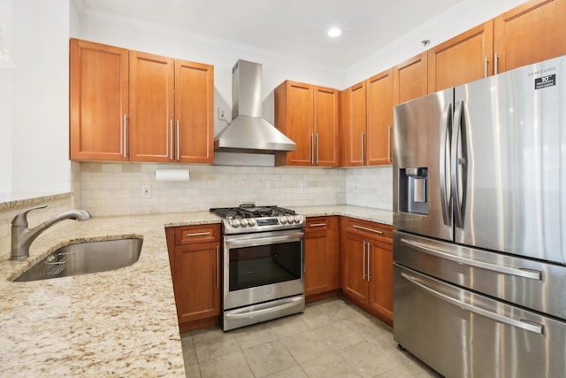 kitchen featuring stainless steel appliances, decorative backsplash, ornamental molding, a sink, and wall chimney exhaust hood