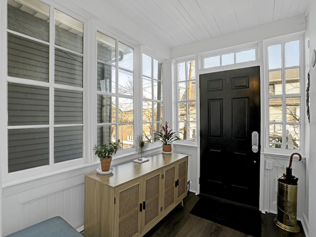 entryway with wooden ceiling and dark wood-style floors