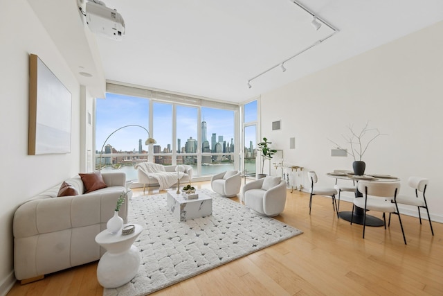 living room with track lighting, wood finished floors, a city view, and a wall of windows