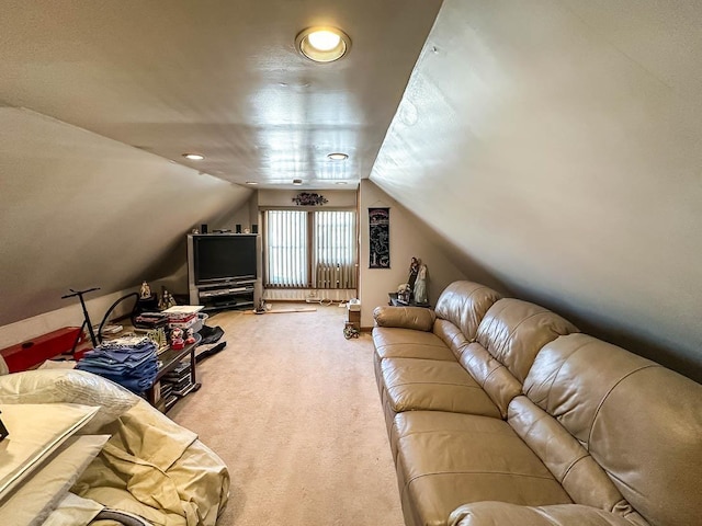 carpeted living area featuring lofted ceiling