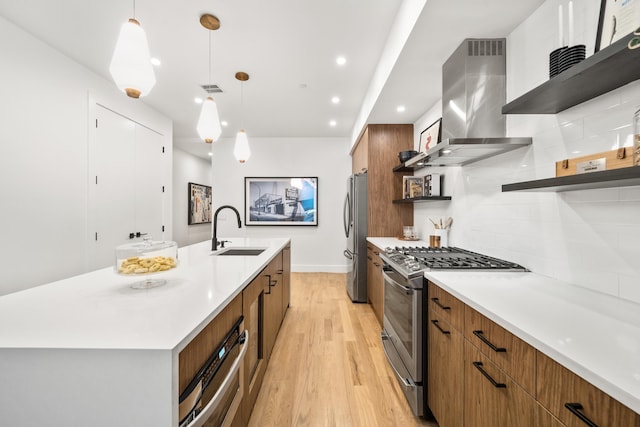 kitchen featuring sink, hanging light fixtures, ventilation hood, backsplash, and appliances with stainless steel finishes