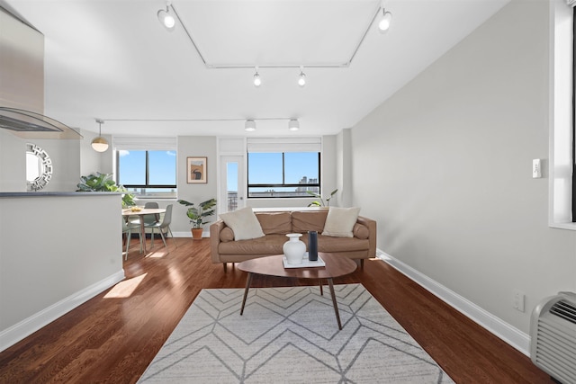 living area featuring rail lighting, baseboards, and wood finished floors