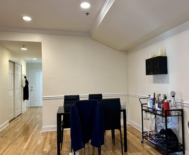 218 Jackson St Unit 7, Hoboken, NJ 07030 - dining area with crown molding, light wood finished floors, recessed lighting, and baseboards