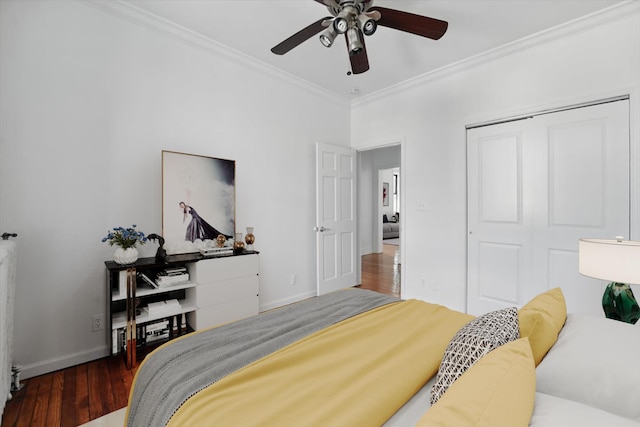 1204 Central Ave Unit 4C, Union City, NJ 07087 - bedroom featuring ornamental molding, wood finished floors, a closet, baseboards, and a ceiling fan